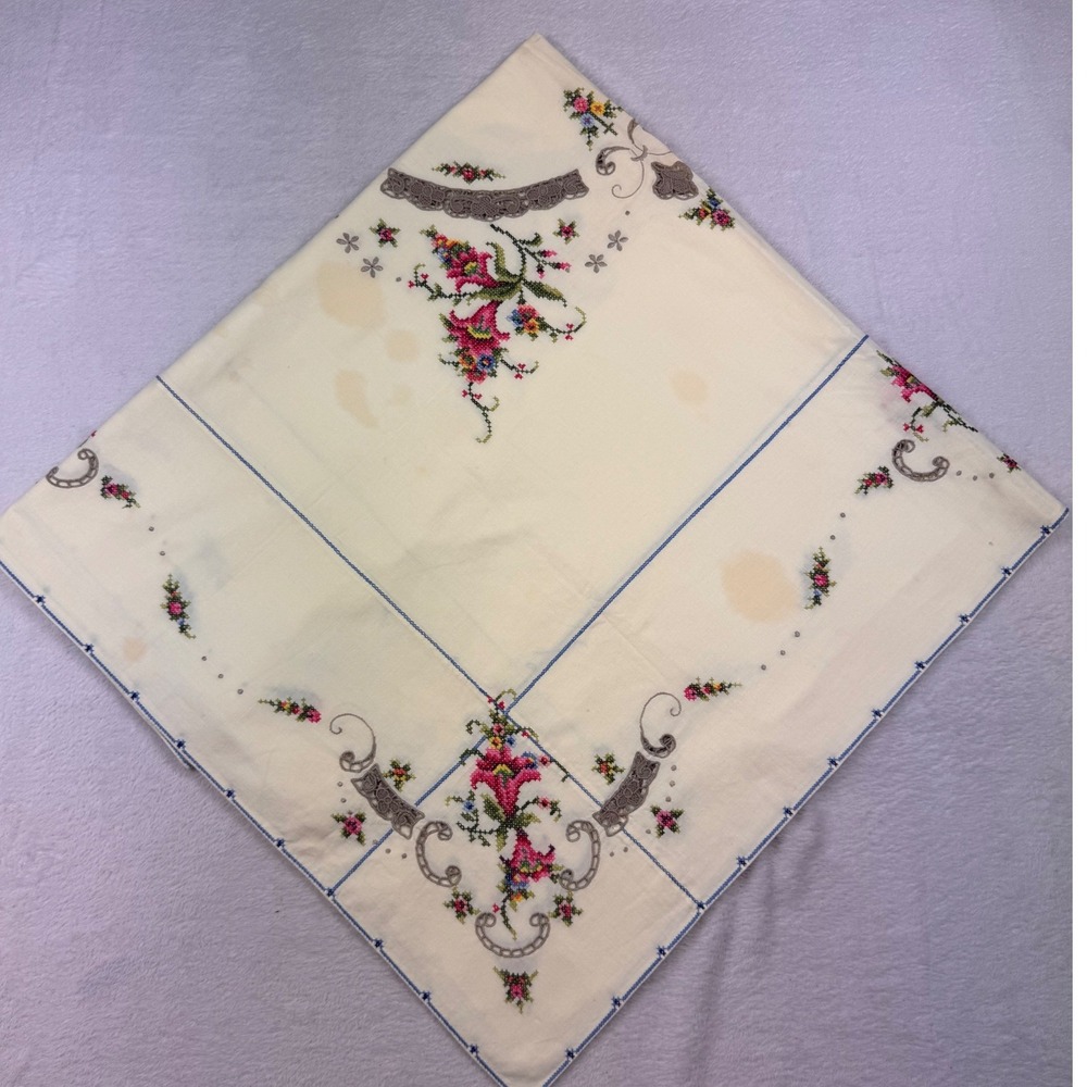 Vintage Cross Stitch Floral Tablecloth Cutwork Lace Rectangular Cream 47x32